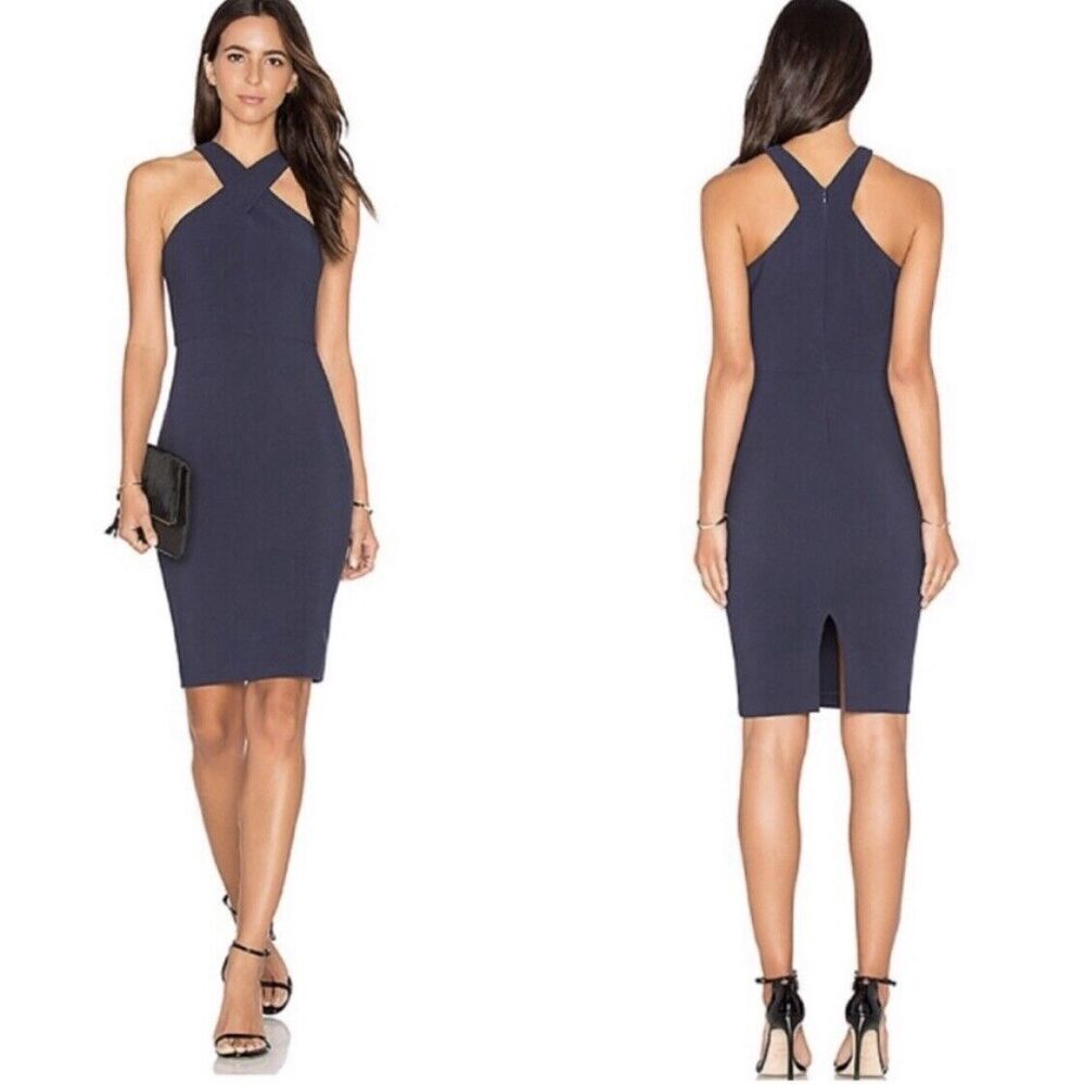 Likely Carolyn Navy Blue Crisscross Halter Neck Bodycon Cocktail Dress Size 10